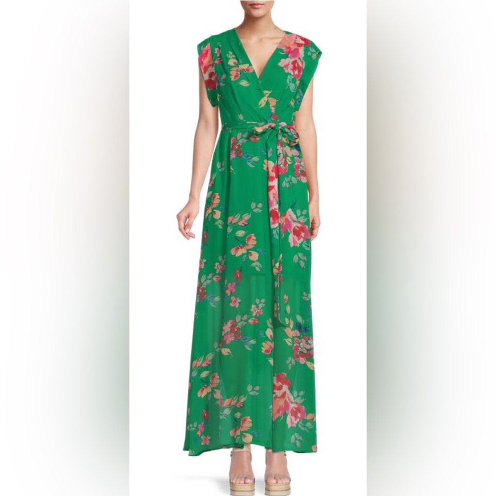 ELIZA J emerald green floral cap sleeve maxi dress, size 10.